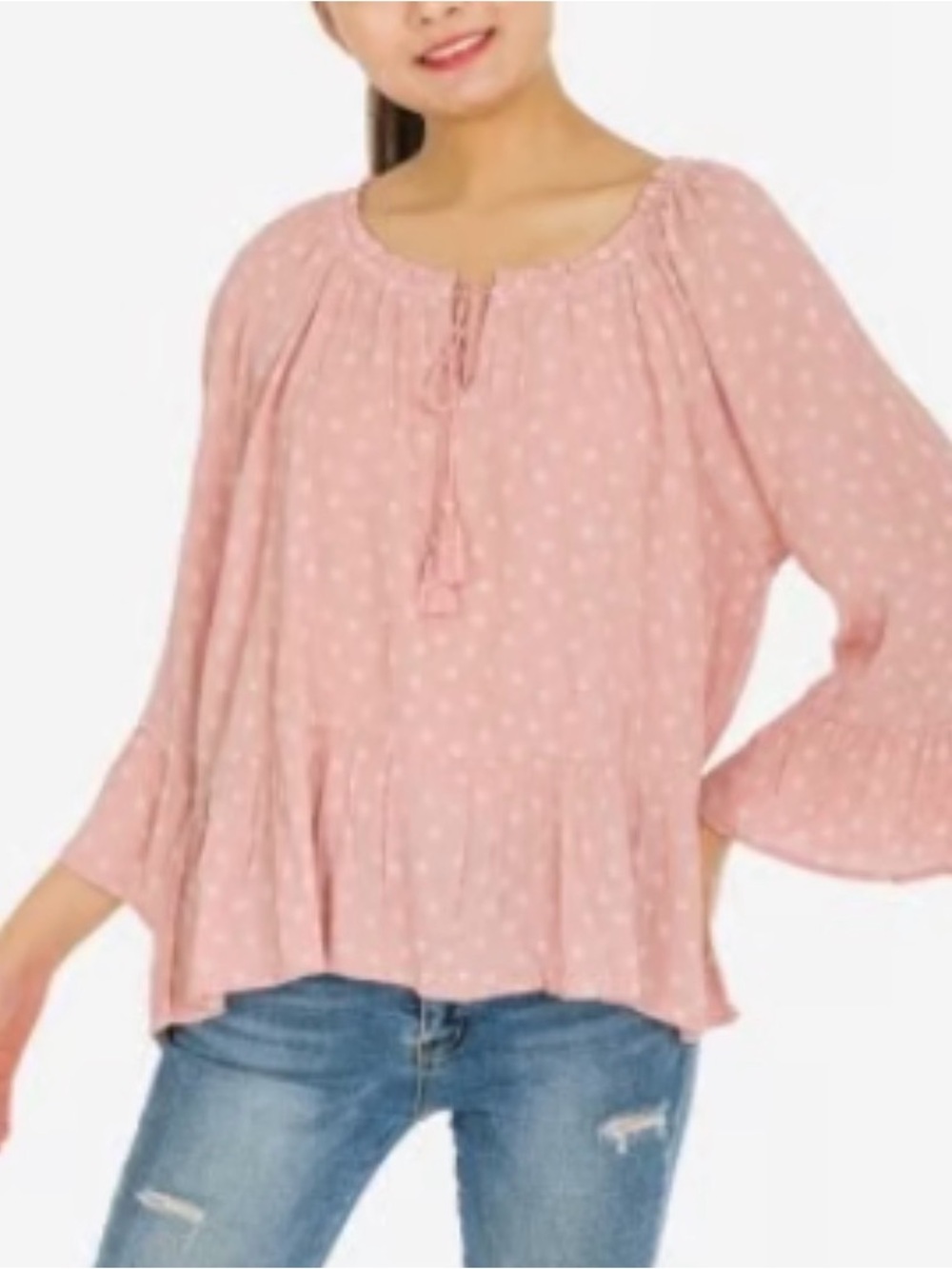 Hippie Rose Dusty Pink Peasant Blouse with Tassel Tie